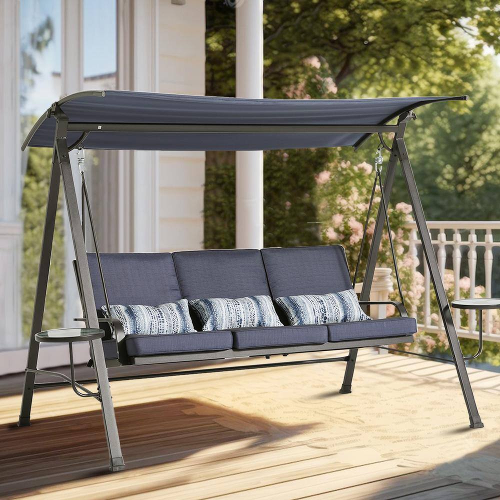 3 Seater Outdoor Metal Steel Patio Yard Swing, Covered Porch Swing with Blu