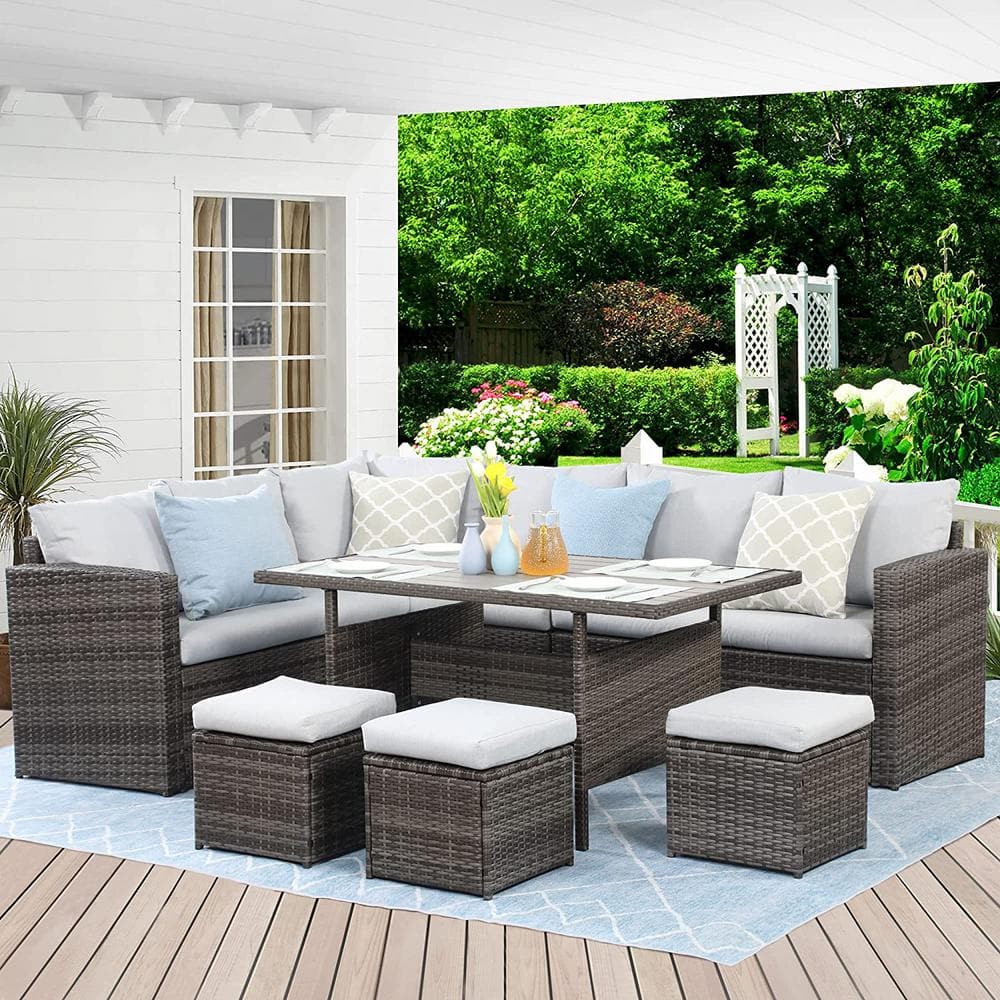 7-Piece All Weather Hand Woven PE Wicker Outdoor Patio Sectional Sofa Dining Table Set with Grey Cushions