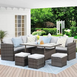 7-Piece All Weather Hand Woven PE Wicker Outdoor Patio Sectional Sofa Dining Table Set with Grey Cushions