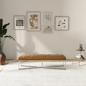 Velora 60 in. Mid-Century Modern Hand-Tufted Genuine Leather Bedroom Bench in Tan