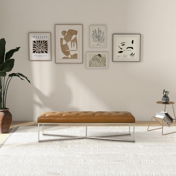Ashcroft Furniture Co Velora 60 in. Mid-Century Modern Hand-Tufted Genuine Leather Bedroom Bench in Tan