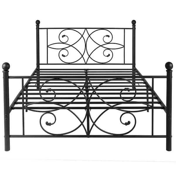 VECELO 54 in. Black Metal Bed Frame Full Size With Headboards 