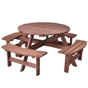 70.5 in. W Round Wood Outdoor Picnic Table Bench Set with Umbrella Hole