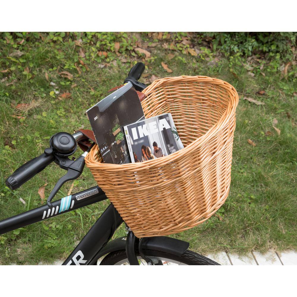 Brown Wicker Front Bike Basket with Faux Leather Straps