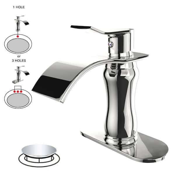 BWE Waterfall Single Hole Single-Handle Low-Arc Bathroom Faucet With Pop Up Drain With Overflow In Polished Chrome