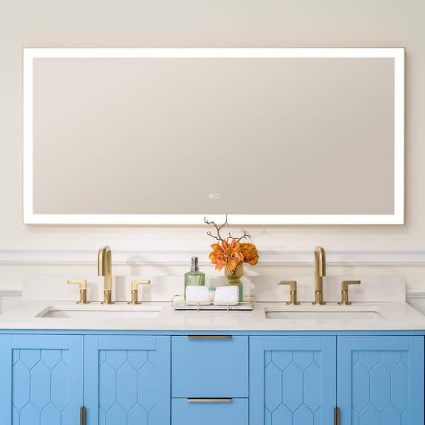 ANGELES HOME 60 in. W x 28 in. H Rectangular Framed Wall LED Light Bathroom Vanity Mirror in Gold,Dimmable Anti-Fog,Easy Installation