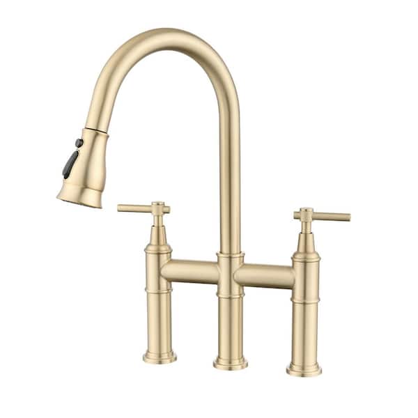 Lukvuzo Double Handle Bridge Kitchen Faucet with Pull-Down Spray Head in Brushed Gold