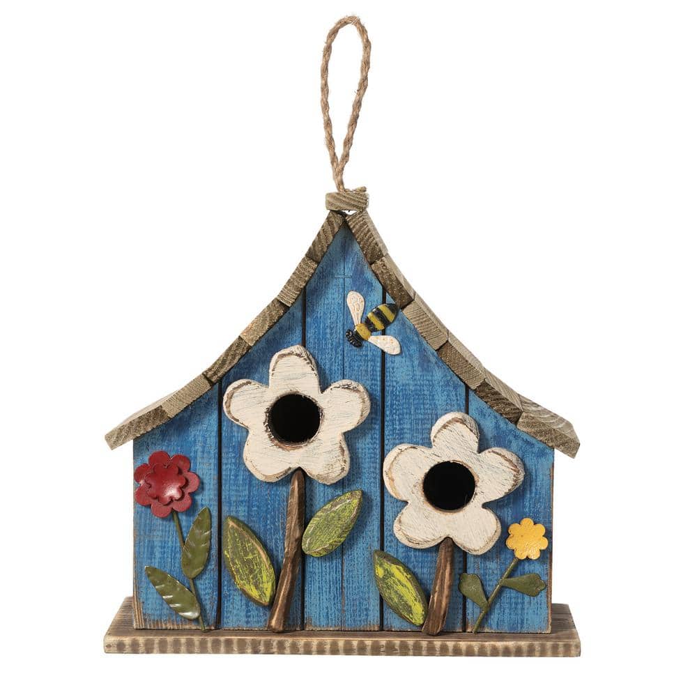 Glitzhome 10.5 in. H Distressed Solid Wood Birdhouse with 3D Flowers