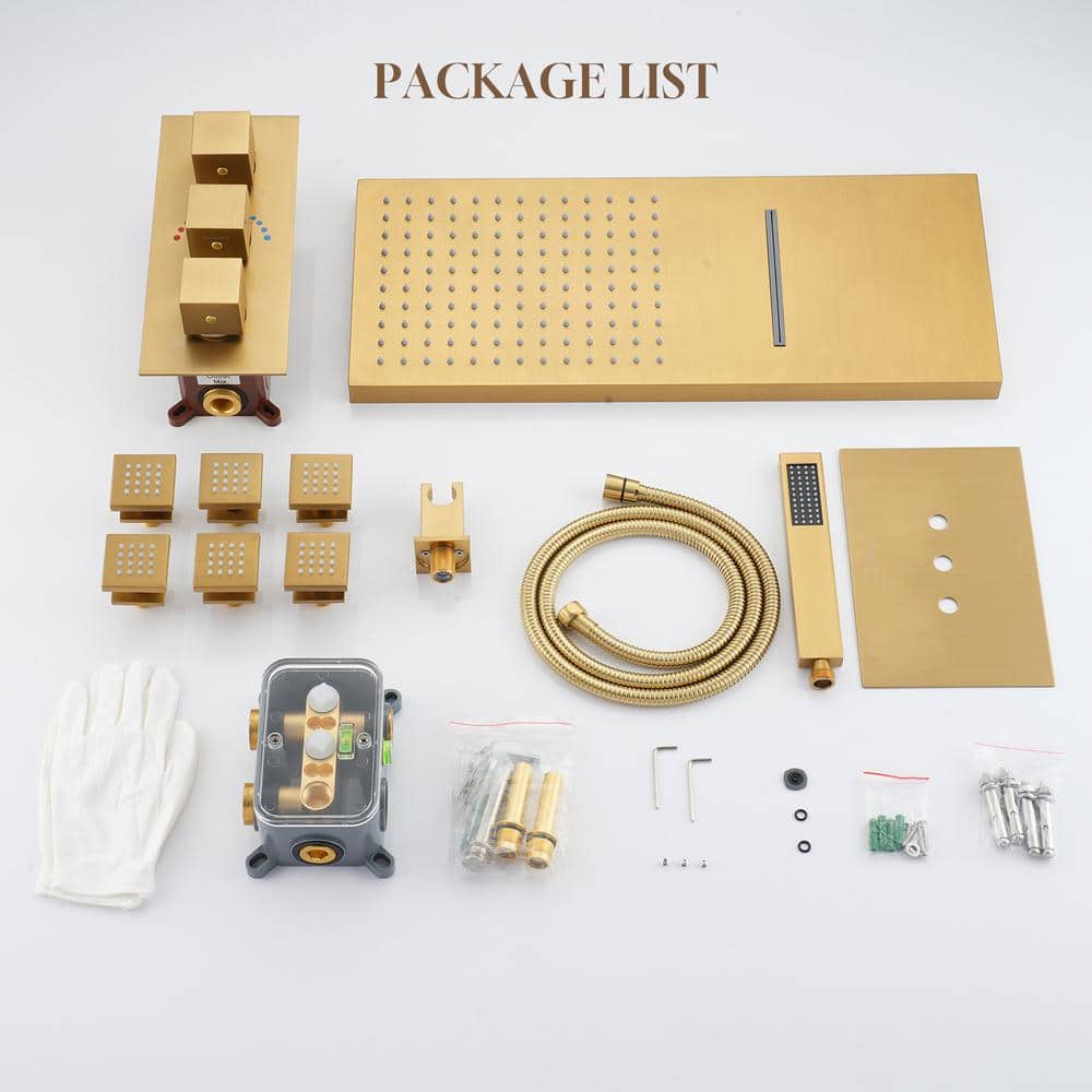 Brushed Gold Dual Rectangle Ceiling Mount Shower System with Body Jets