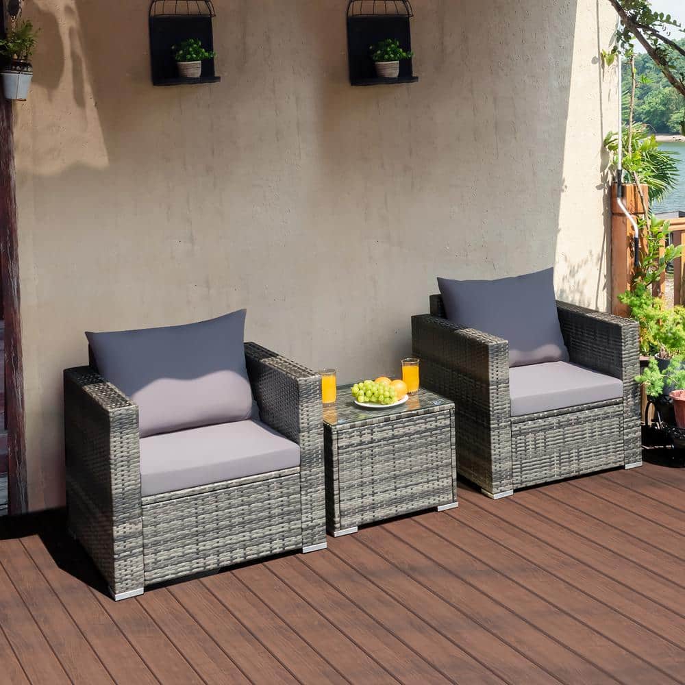 Gray Wicker 3-Piece Outdoor Patio Set with Cushions