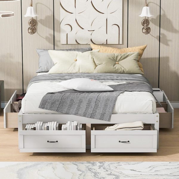 Harper & Bright Designs Antique White Wood Frame Queen Size Retro Platform Bed with 6 Storage Drawers