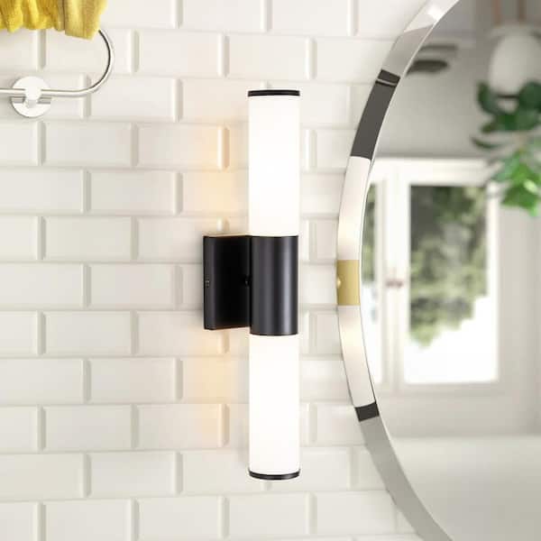 RRTYO Jewell 4.72 in. 2-Light Black Vanity Light with Milky White Glass Shade