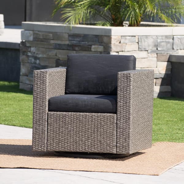 Noble House Puerta Mixed Black Swivel Metal Outdoor Lounge Chair with Dark Grey Cushion