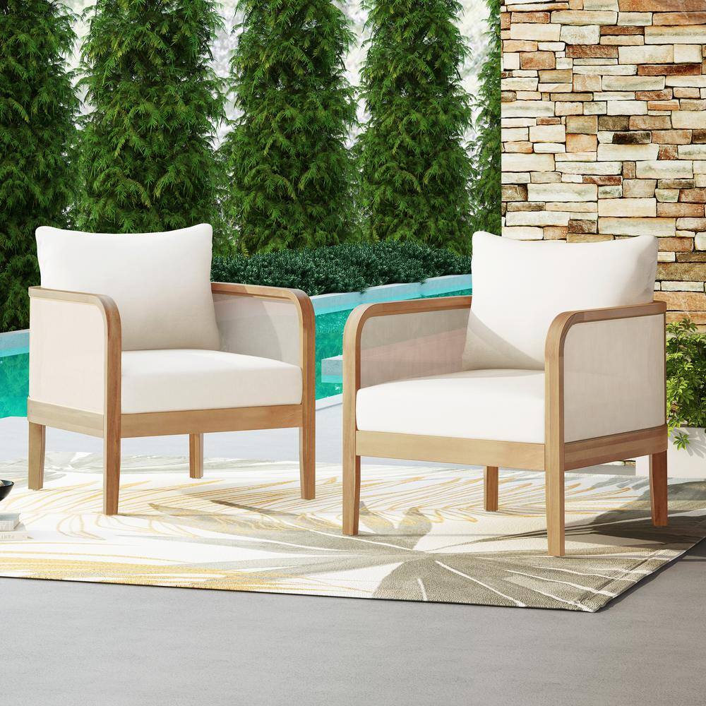 Acacia Wood Outdoor Lounge Chair Patio Club Chair with Waterproof Beige Cushion for Garden Backyard Balcony 2 Pack
