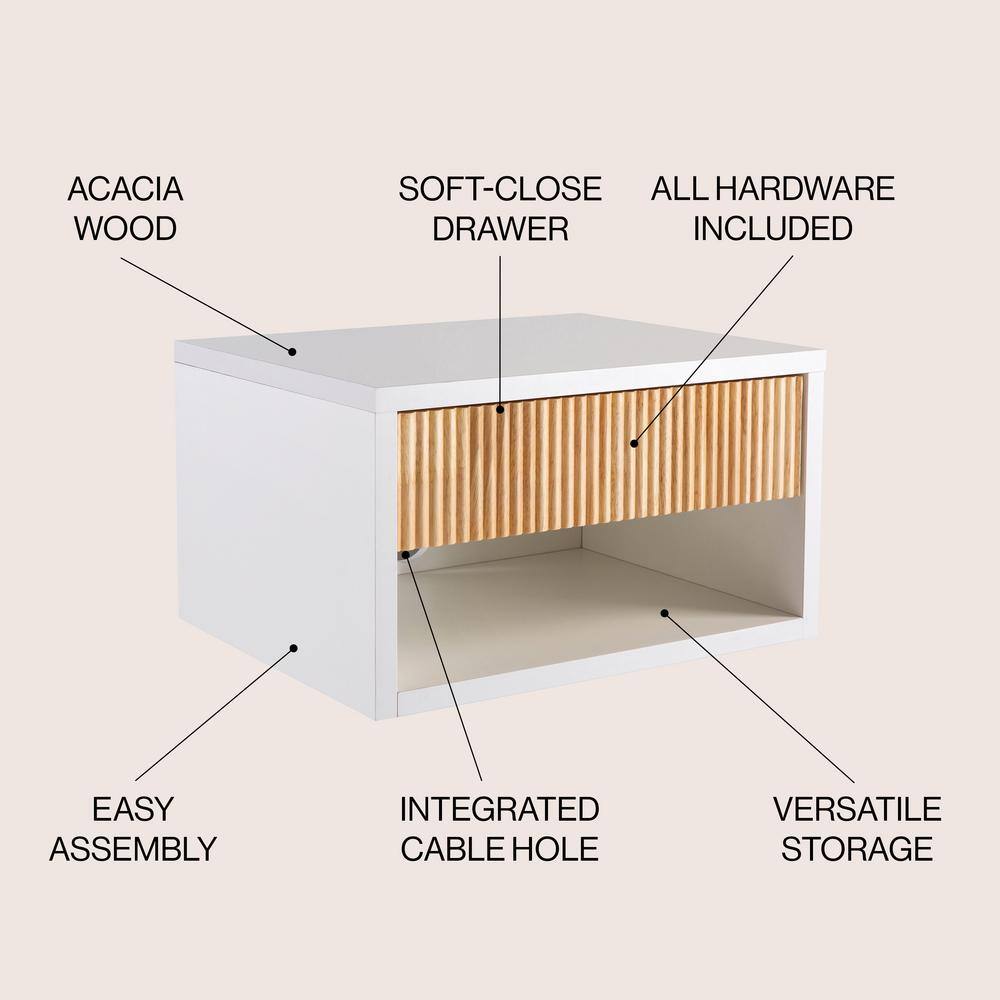 White MDF Floating Nightstand with Rattan Drawer