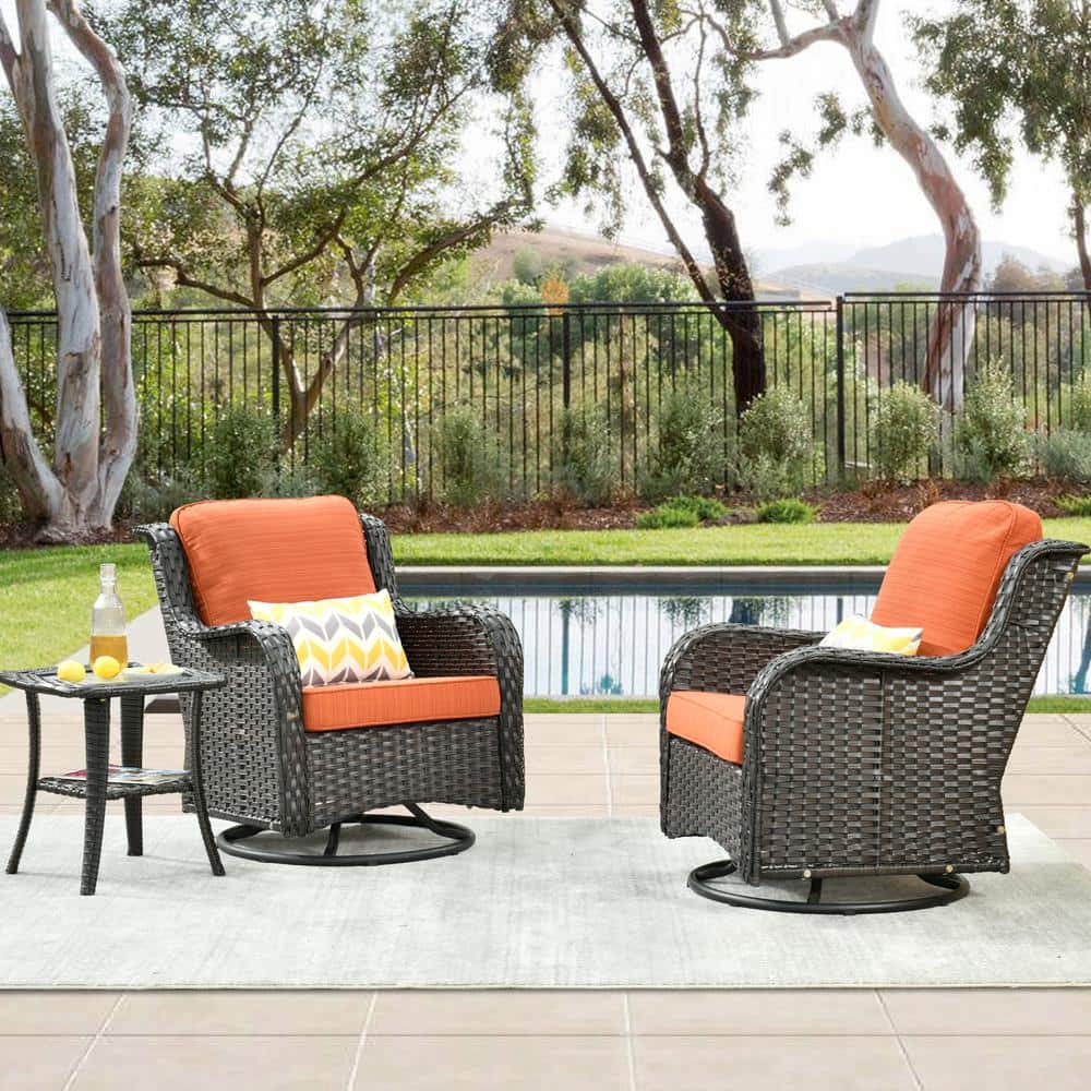 Oreille Brown 3-Piece Wicker Outdoor Patio Conversation Swivel Chair Set with a Side Table and Orange Red Cushions price history on PriceWatchPro