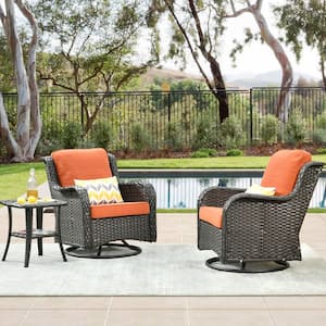 Oreille Brown 3-Piece Wicker Outdoor Patio Conversation Swivel Chair Set with a Side Table and Orange Red Cushions