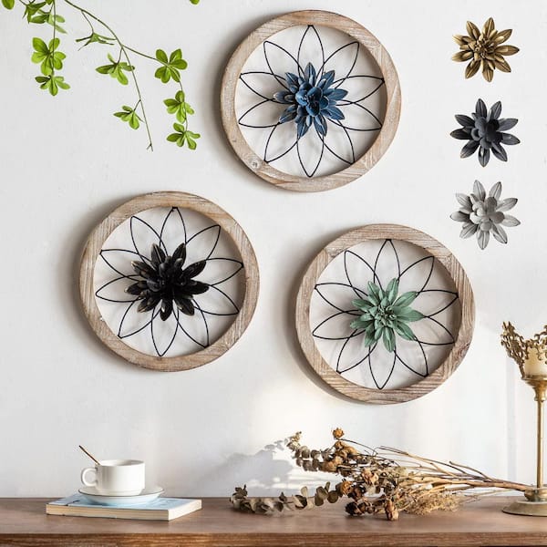 Unbranded 3 Piece 12 in x 12 in x 0.2 in Wood Work by Round Farmhouse Wall Decor with 6 Piece Interchangeable Flowers Wall Art