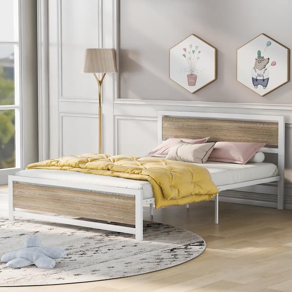 Metal And Wood Bed Frame Platform, Queen Size Wood Bed Frame White