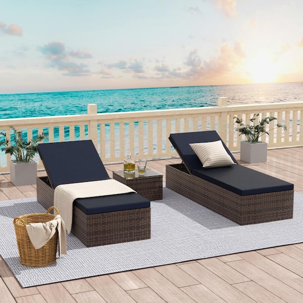 WESTIN OUTDOOR Bowman Multi-Brown 3-Piece Wicker Outdoor Chaise Lounge with Navy Blue Cushion Set