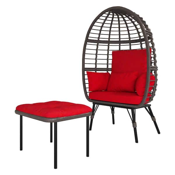Unbranded Wicker Patio Swing Egg Chair Outdoor with Ottoman-with Footstool and Anti-Splash Red Cushions, with Stand