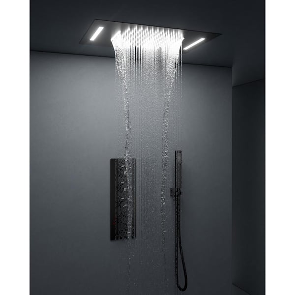 YAWWALK Thermostatic Valve 7-Spray 23x15 in. LED Mood Lighting Ceiling Mount Fixed and Handheld Shower Head in Matte Black