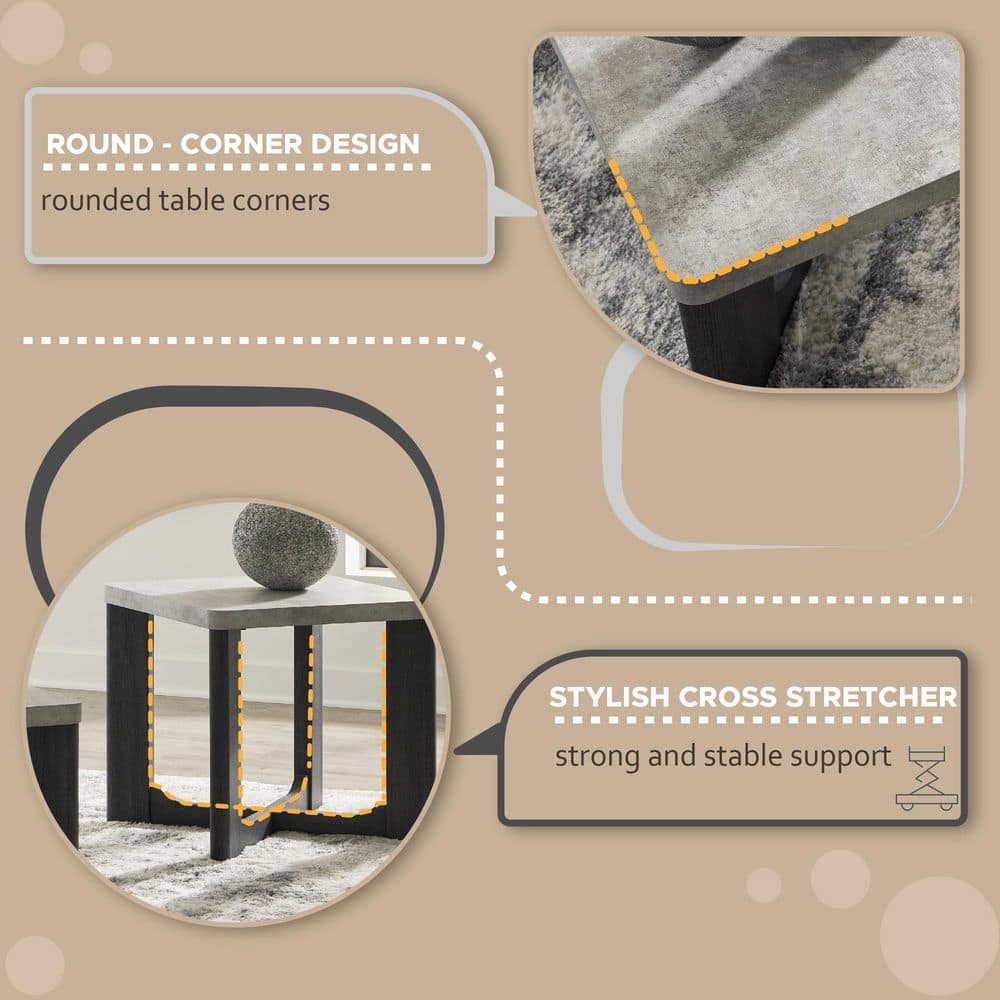 Gray Square Faux Cement and Wood Coffee Table Set