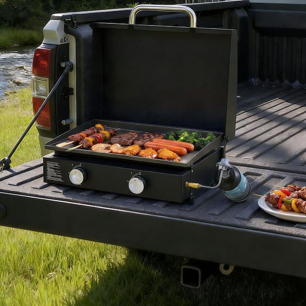 Gas Griddle 2 Burner Tabletop, 22 in. Griddles Propane with Lid Oil Drain Hole & Oil Collection 2 x 11000BTU Grill Black