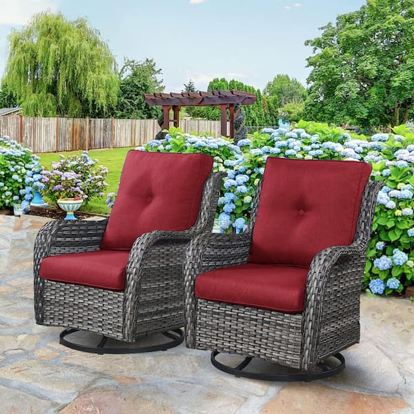 Gymojoy Carolina Gray Wicker Outdoor Rocking Chair with CushionGuard Red Cushion 2-Pack