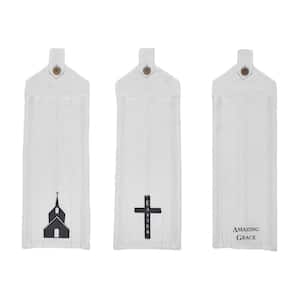 Risen Soft White, Charcoal Grey Graphic Button Loop Cotton Kitchen Tea Towel Set (Set of 3)