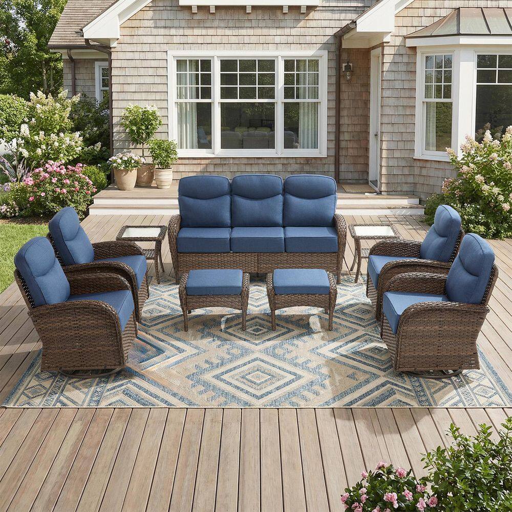 Moonridge 9-Piece Brown Wicker Patio Conversation Set with 6 in. Olefin Blue Cushions/Patio Swivel Chairs with Sofa price history on PriceWatchPro
