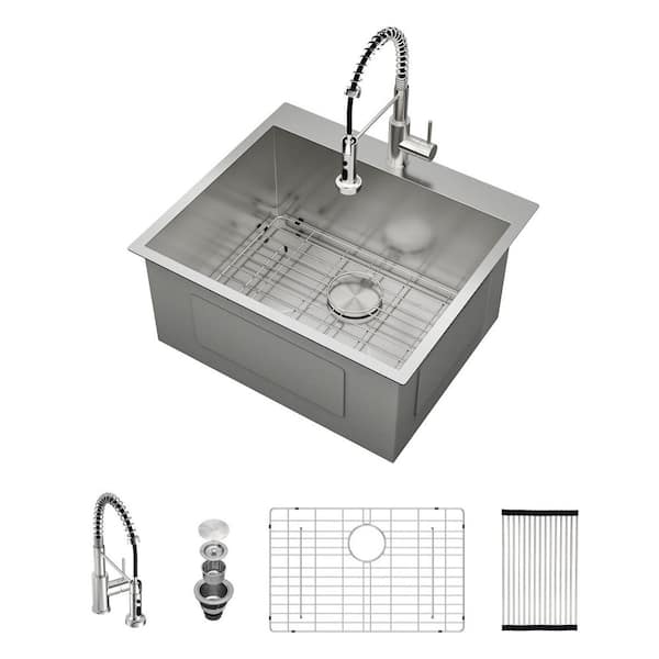 25 in. D x 22 in. W x 12 in. H Drop-In Laundry/Utility Sink Single Bowl 16-Gauge Stainless Steel with Faucet and Drain