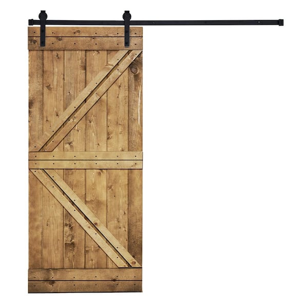 AIOPOP HOME 42 in. x 84 in. Modern K-Bar Series Briar Smoke Brown Stained Knotty Pine Wood DIY Sliding Barn Door with Hardware Kit