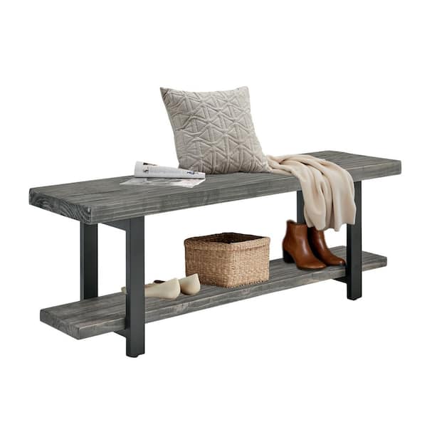 Alaterre Furniture Pomona 48 in. Entryway Bench with Storage Shelf, Solid Pine Wood Seat with Black Metal Frame, Slate Gray