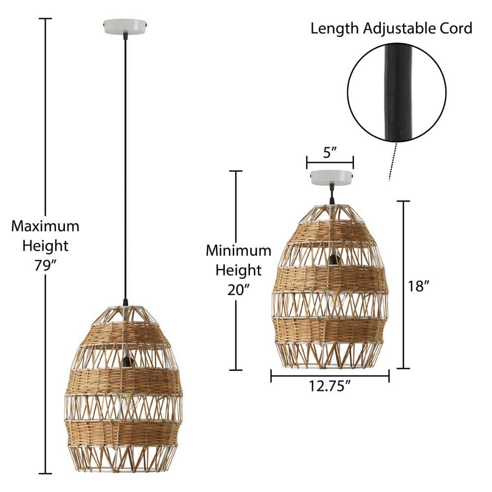 12.75" Tan Rattan and Metal Bowl Pendant Ceiling Light