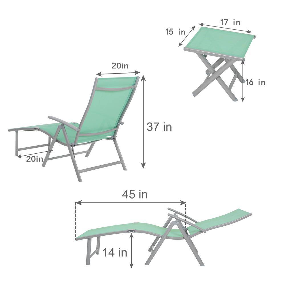Green Aluminum Outdoor Folding Chaise Lounge and Table Set