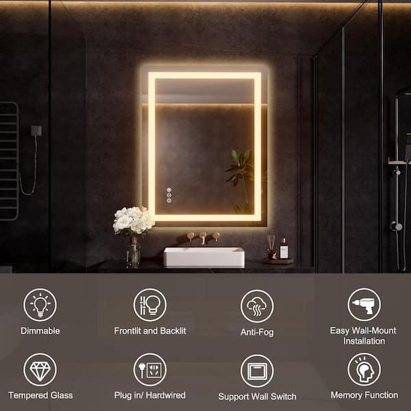 Dimmable 24 in. W x 36 in. H Rectangular Frameless Anti-Fog LED Light Wall Bathroom Vanity Mirror Front and Backlit