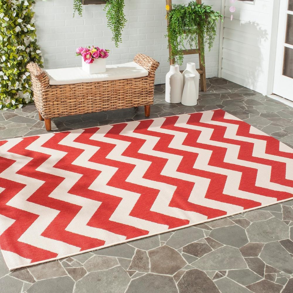 Contemporary Red Chevron 44"x24" Easy-Care Outdoor Rug