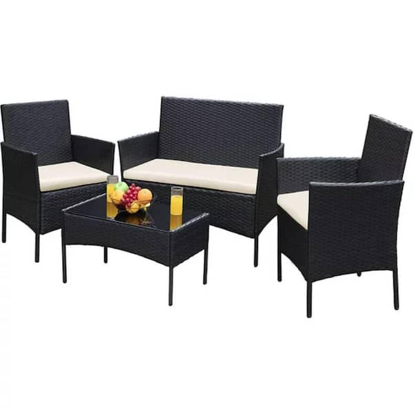 Alpulon 4-Piece Rattan Outdoor Conversation Seating Set with Beige Cushion and Patio Tempered Glass Table