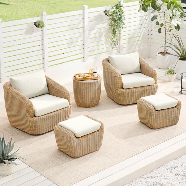 Elspeth 5 Pieces White 2-Fabric Swivel Accent Chairs with 2-Ottomans and Side Table with Removable Cushions