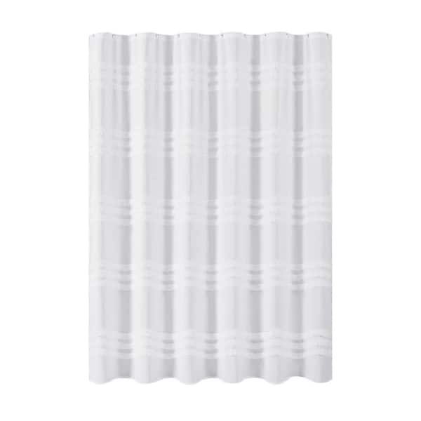 White Fabric Shower Curtain 72 x 72 Tufted Chenille Striped Textured Cloth Waterproof Set with Hooks Machine Washable