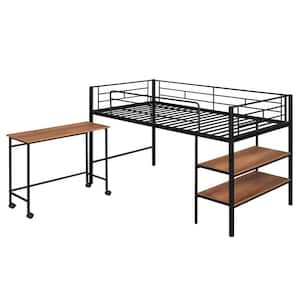 Black Twin Size Metal Loft Bed with Rolling Desk and Shelves, Low Loft Bed Frame With Ladder for Kids Bedroom, Dorm