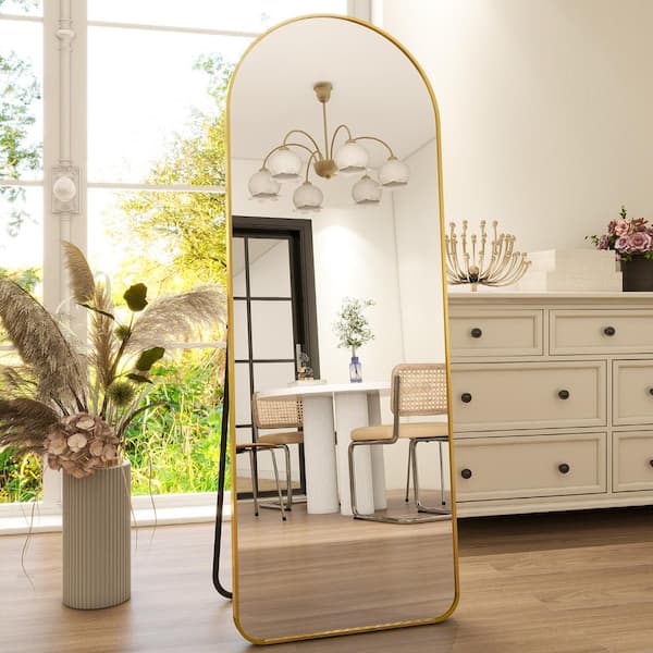 XRAMFY 21 in. W x 63 in. H Arched Gold Aluminum Alloy Framed Rounded Full Length Mirror Standing Floor Mirror