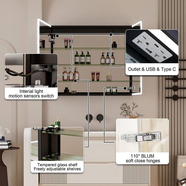 36 in. W x 30 in. H Rectangular Black Aluminum Recessed/Surface Mount LED Medicine Cabinet with Mirror,Outlet,Soft Close
