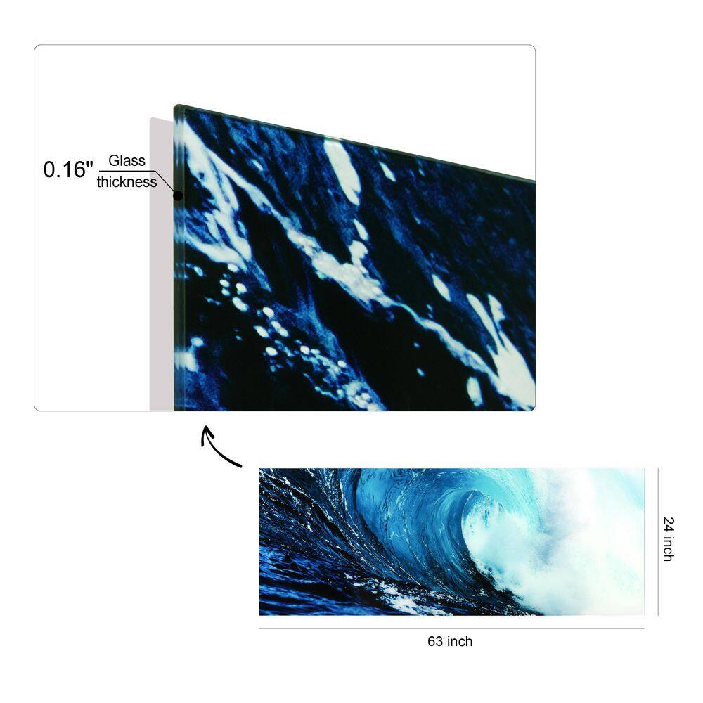 Blue Wave Abstract Tempered Glass Wall Art, 24" x 63"