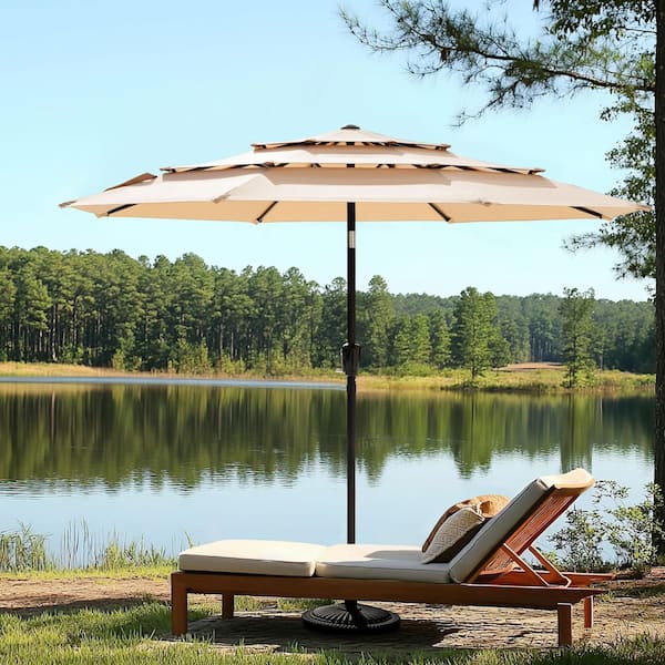 9 ft. Metal Market Patio Umbrella with 3-Tiered Sunshade and Push Button Tilt and Easy-Open Crank in Khaki