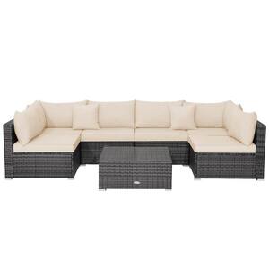 7-Piece Wicker Patio Conversation Set with Sectional Sofa Beige Cushioned