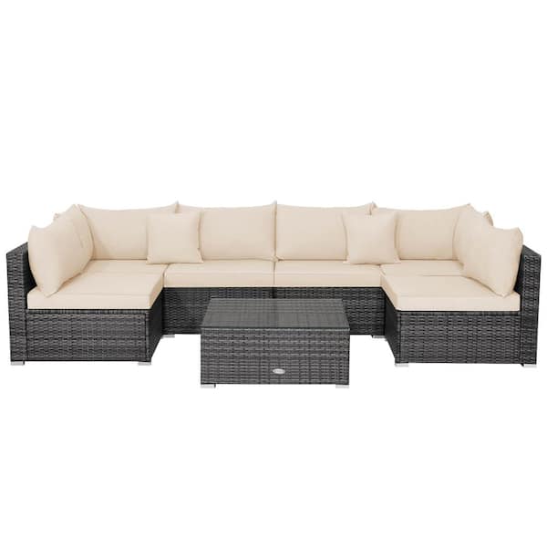 Costway 7-Piece Wicker Patio Conversation Set with Sectional Sofa Beige Cushioned