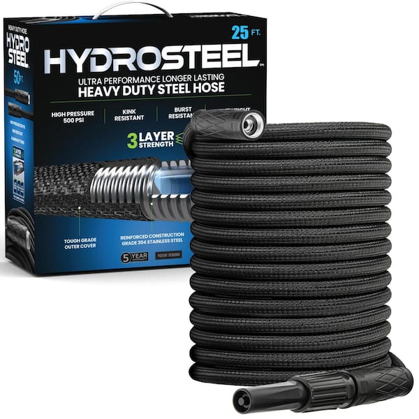 HydroSteel 5/8 in. Dia x 25 ft. Heavy-Duty Flexible Lightweight Stainless Steel 3-Layer Metal Water Hose