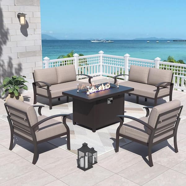 Halmuz 5-Piece Aluminum Outdoor Patio Conversation Set with armrest, 55000 BTU Propane Firepit Table and Sand Cushions